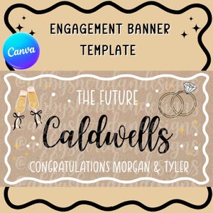 May include: An engagement banner template with the text "Engagement Banner Template" at the top. The banner features the words "The Future Caldwells" and "Congratulations Morgan & Tyler". Champagne glasses and rings are also displayed.