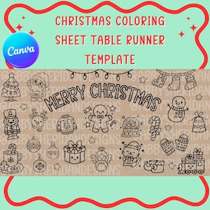 May include: A Christmas-themed coloring sheet table runner template. The design features line drawings of Christmas icons, such as a Christmas tree, Santa Claus, and a snowman. The words "Merry Christmas" are in the center of the brown runner.