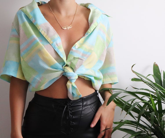 Vintage 70s blouse Vintage green blouse Short Slee