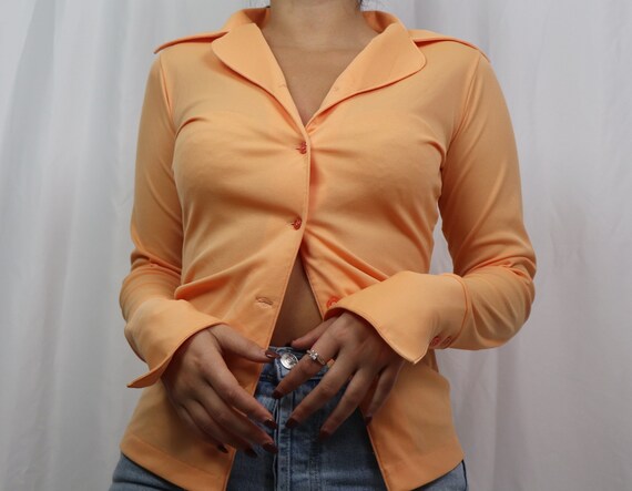 Orange button up blouse / button up shirt / sheer