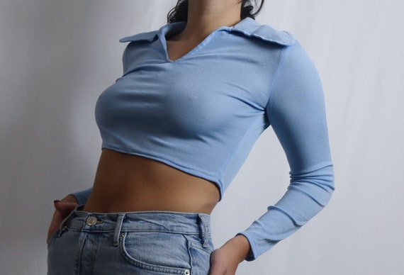 reworked blue crop top / cropped long sleeve / lon