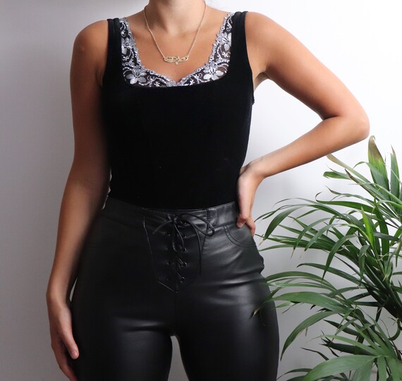 Vintage 90s Black Velvet Tank Top Womens Lace Top