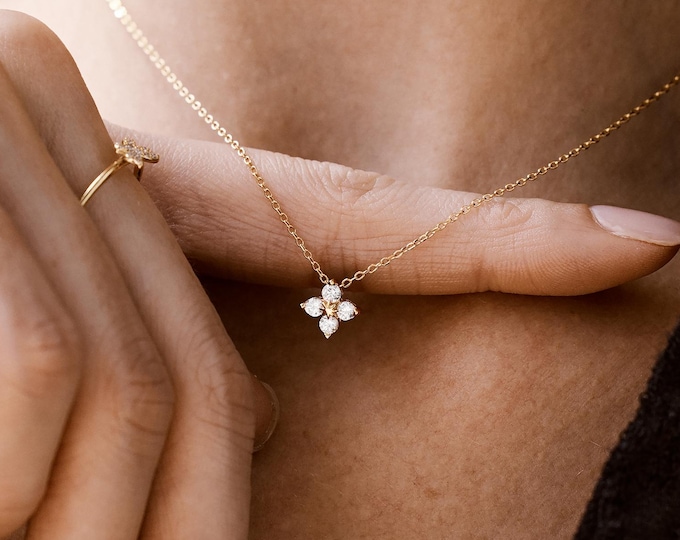 Floral Pendant Necklace, Dainty diamond necklace in Gold or Silver, minimalist jewelry, Everyday Necklace, Bridesmaid Gift, Birthday Gift
