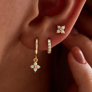 Opal Earrings Set, Gold Huggie Hoop Dangle Earrings, CZ Pavé Hoop, Cartilage Stud, Minimalist Stack Earrings, October Birthstone Jewelry