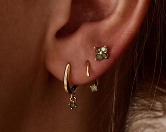 Moss Agate Stud Earrings, 14K Gold Plated Sterling Silver Green Gemstone Flat Back Earrings, Dainty Natural Stone Jewelry Gift for Her