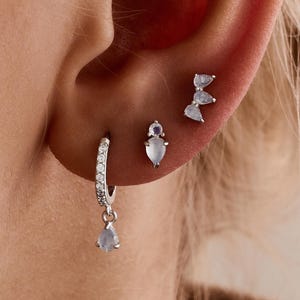 May include: An ear with multiple earrings. A silver hoop earring with small clear stones and a teardrop charm hangs from the lobe. Two stud earrings and a cluster of three small studs are also visible. The earrings are silver.