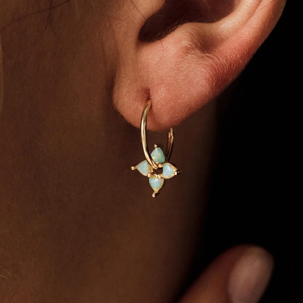 Opal Earrings, Huggie Hoop Opal Flower, October Birthstone Jewelry, Dainty Opal Hoops, 14K Gold Plated & Sterling Silver