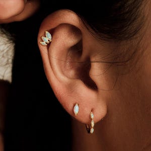 May include: An ear displaying a collection of gold earrings. There's a cluster stud, a small oval stud, and a hoop earring with three small, white opal stones. The earrings are set against a background of dark hair, creating a contrast.