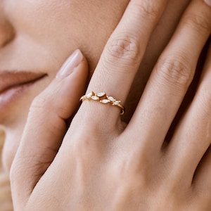 Elegant Leaf Ring, 925 Sterling Silver Adjustable Open Ring, Minimalist Dainty Gold Cuff Ring, Marquise CZ Delicate Jewelry, Gift for Her