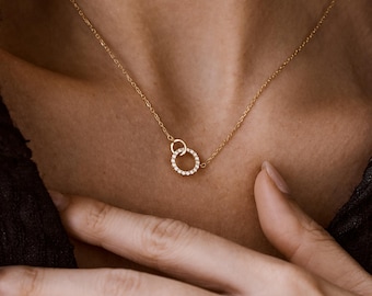 Double Ring Pendant Necklace, Gold, Silver Chains, Layering