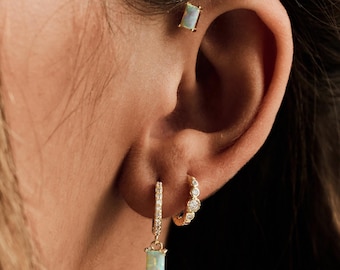 Opal Earrings Set, Minimalist Opal Hoop Earrings, Dainty Huggie Hoop dangle, October Birthstone Jewelry,   Sterling Silver & Gold Filled