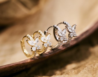 Sterling Silver Butterfly Zircon Hoop Earrings - Dainty Huggie Earrings with Sparkling CZ Stones, Hypoallergenic Jewelry, Gift for Her