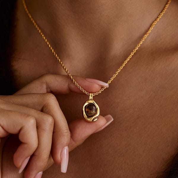 Natural Tiger Eye Necklace, Gold Organic Pendant Necklace, Vintage Gemstone Jewelry, Minimalist Boho Necklace, Christmas Gift for Her