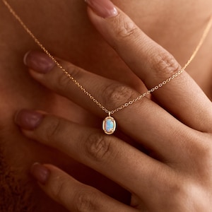 Sterling Silver Oval Opal Necklace, Dainty Opal Pendant, Minimalist Necklace Gold Filled, October Birthstone Jewelry, Birthday Gift for Her