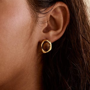 May include: A gold-colored stud earring with a brown, oval-shaped stone. The earring has a textured, irregular border. The image shows the earring on a person's ear, with dark hair visible.