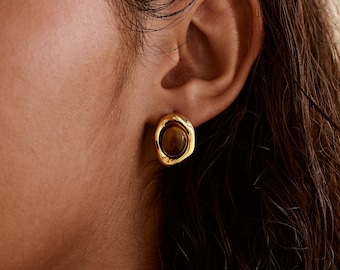 Tiger Eye Stud Earrings, Gold Organic Shape Earrings, Retro Statement Jewelry, Minimalist Gemstone Studs, Vintage Jewelry Gift for Her
