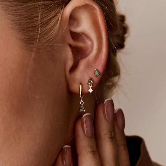 Moss Agate Earrings Set, Gold Green Stone Flat Back Earrings & Hoop Earrings, Sterling Silver Cartilage Stud, Natural Gemstone Gift for Her