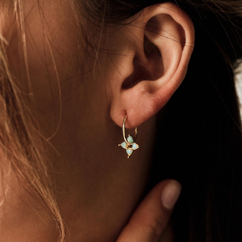 Opal Earrings, Huggie Hoop Opal Flower, October Birthstone Jewelry, Dainty Opal Hoops, 14K Gold Plated & Sterling Silver image 1