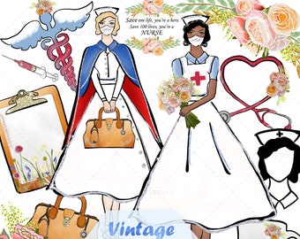 Medical Vintage Nurse Clipart, Nurse PNG Design, Nursing Doctor Bag Stethoscope Graphic Resources, Nurse Planner Stickers Digital Cliparts