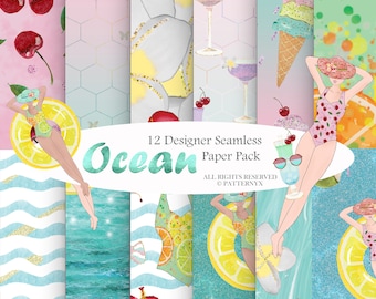 Summer Digital Papers, Holiday Seamless Pattern, Ice Cream Cherry Digital Paper Pack, Ocean Pool Party Scrapbooking, Planner Supplies