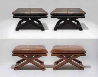 Ensemble de 2 repose-pieds ottomans en bois avec coussins, pouf en cuir, tabourets ottomans bancs en bois, tabourets marocains en cuir personnalisés en forme de X