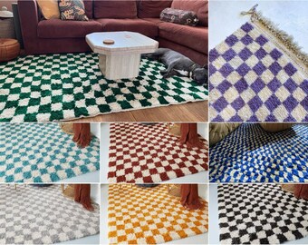 Custom Beni Ourain Checkered Rug, Moroccan Area Rug, Berber Checkerboard Rug, Hand Knotted Wool Rug, Boho Home Decor, Shaggy Rug