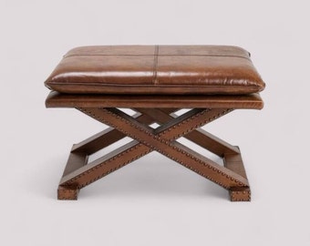 Tabourets marocains artisanaux en cuir en forme de X, tabouret en cuir véritable, repose-pieds ottoman, chaise en bois marron, tabourets en bois avec coussin en cuir