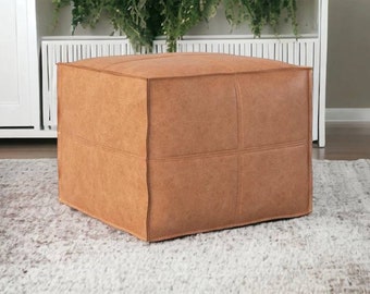 Square Ottoman Pouffe, Pouf Moroccan Leather Unstuffed, Tan Handmade Footstool, Poufs Leather Natural