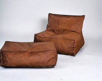 Boho Chic, Armless Leather Sofa with Square Ottoman Footstool, Genuine Leather Lounger for Stylish Living Rooms, Large Floor Seat