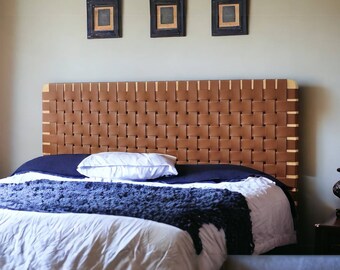 Customized Headboard, Woven Leather Headboard King, Queen Headboard, Brown Leather Strap Wall Hanging, Furniture And Decor