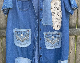 Upcycled patchwork denim stofdoek damesvest 2X