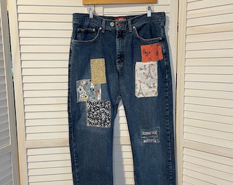 Återvunna Lee-märkes Boyfriend Art Jeans 36 x 28 Raka, slitna, blommiga Paris-jeans