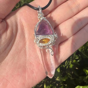 Handmade Copper Wire Wrapped Amethyst Citrine Quartz Pendant: Chakra Healing Necklace