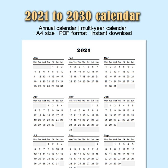 Multi year annual calendar editable 2021 to 2030 selection | Etsy