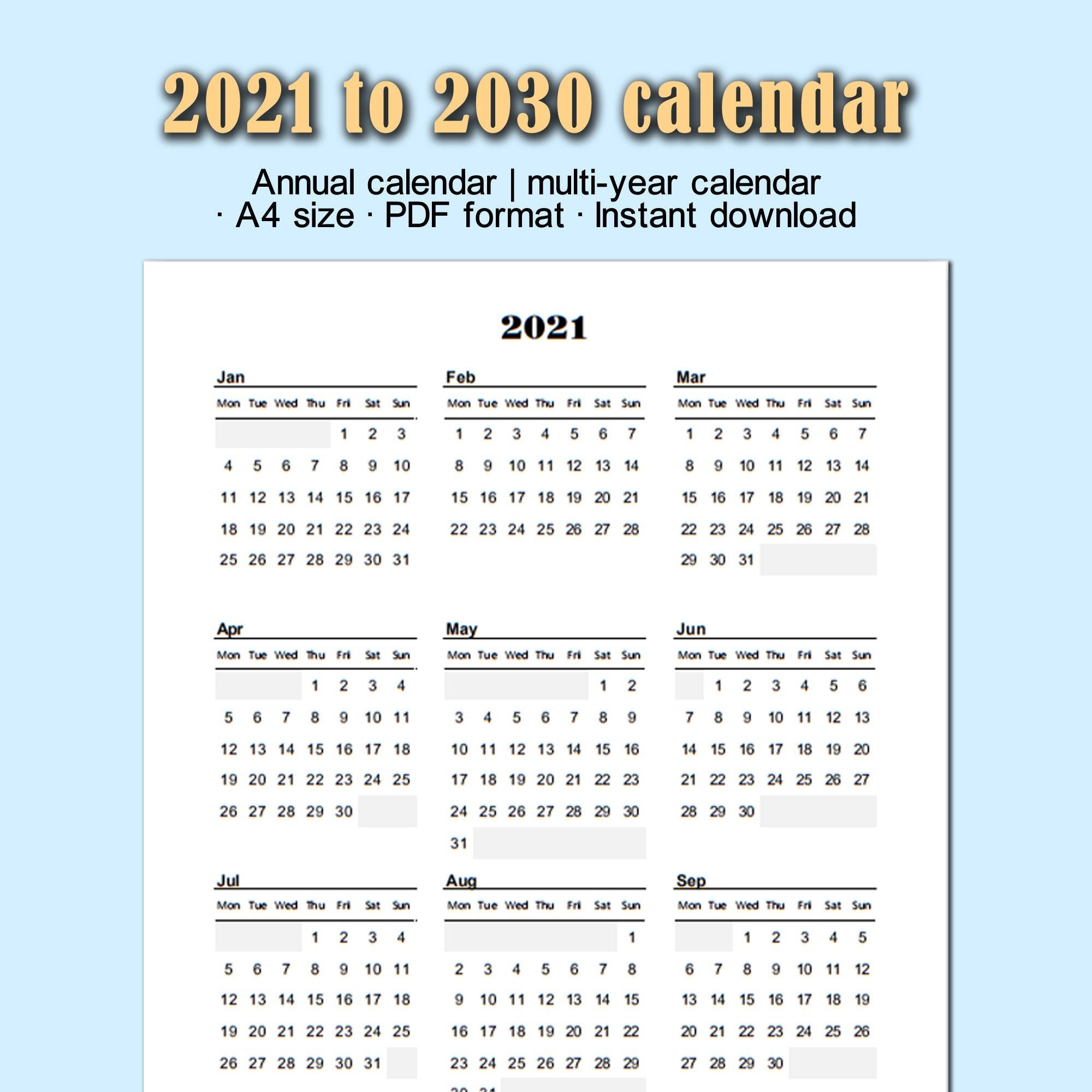 Multi Year Annual Calendar Editable 2021 To 2030 Selection Excel