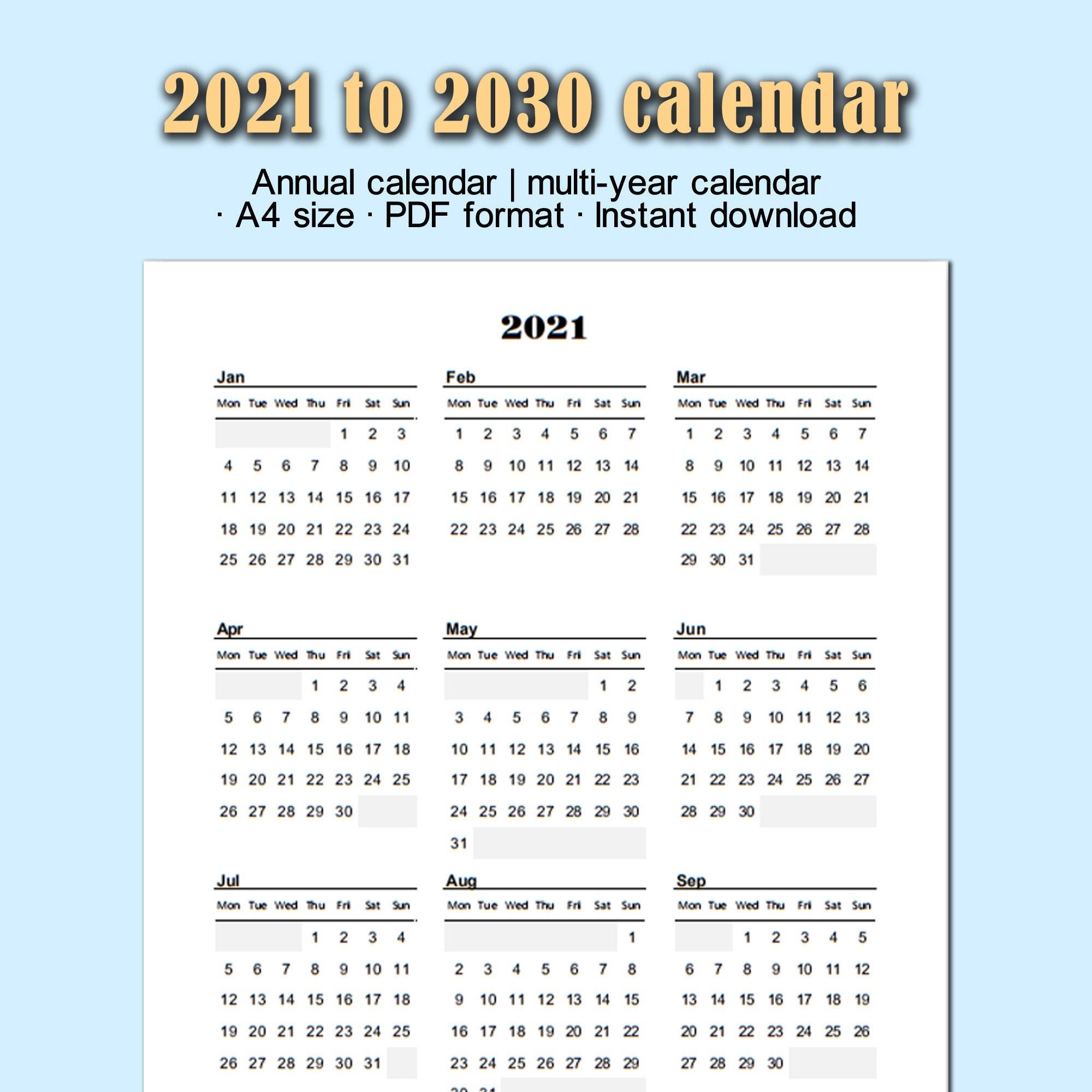 Multi Year Annual Calendar Editable 2021 To 2030 Selection Excel 