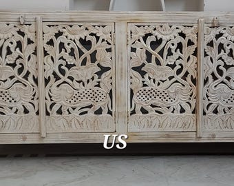 Mueble de entretenimiento tallado a mano, centro multimedia tallado a mano, muebles de sala, consola de entretenimiento de 4 puertas tallada a mano