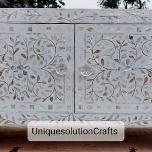 Handmade Mother of Pearl Inlay Cabinet sideboard floral white, Mother of Pearl inlay white floral Vanity table,Mother of pearl inlay bedside