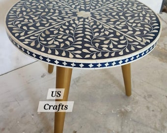 Handmade Bone Inlay floral Blue Coffee table, Bone inlay round center table, Bone inlay floral blue round side table