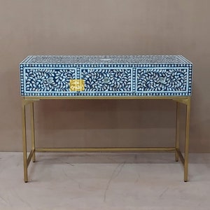 Handmade Mother of Pearl Inlay floral 3 Drawers Desk Blue, Mother of Pearl Inlay floral pattern console table