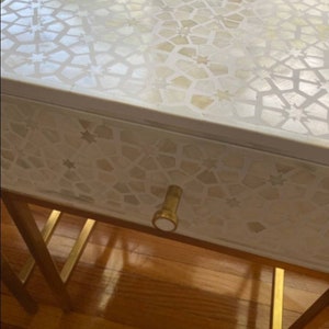 Bone Inlay Geometric Design Bedside Table Off-white, Bone Inlay Geometric Design Night Stand Table Off-white