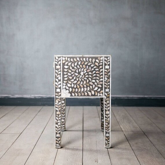 Handmade Mother of Pearl Bedside Grey bone Inlay Side Table