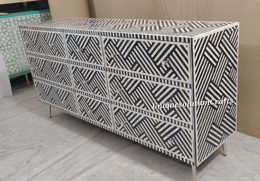 Bone Inlay Geometric Pattern 9 Drawers Chest Black With Silver Finished ...