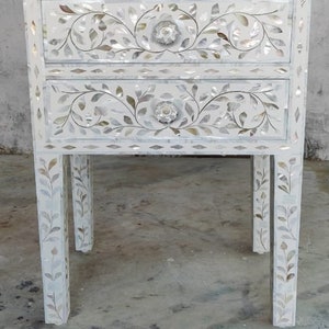 Handmade Mother of Pearl Bedside White,mother of pearl inlay Side table White,Mother of pearl Nightstand with 2 Drawer White