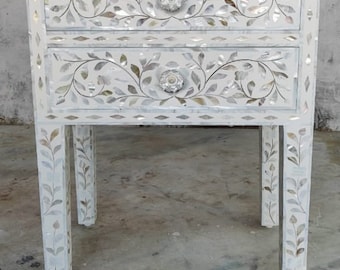 Handmade Mother of Pearl Bedside White,mother of pearl inlay Side table White,Mother of pearl Nightstand with 2 Drawer White