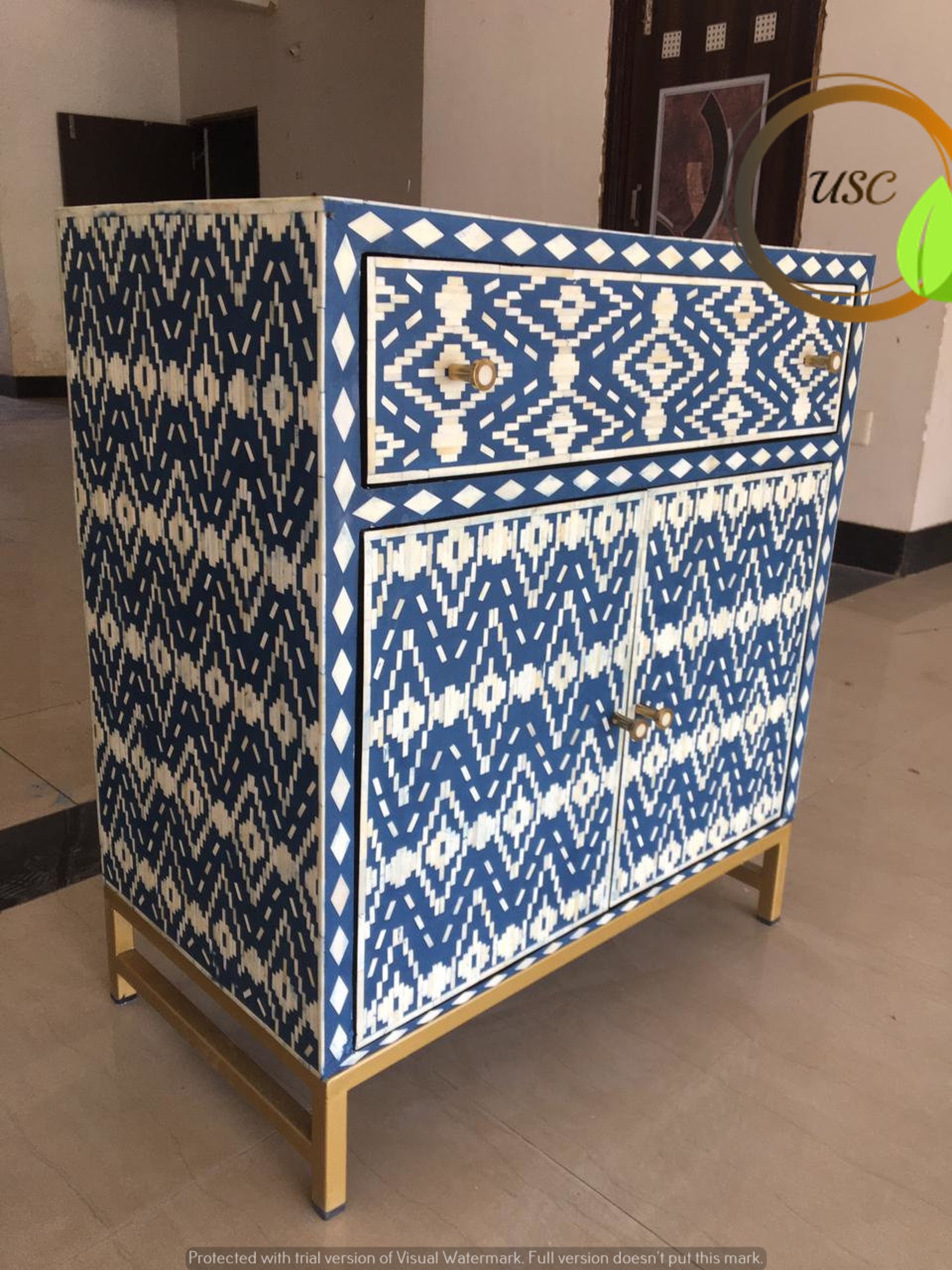 Bone Inlay Optical Blue Ikat Entryway bone inlay Etsy