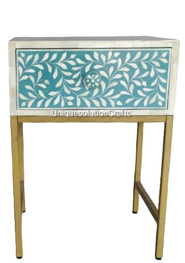 Bone Inlay floral Design 1 Drawer Bedside Table Teal, Bone Inlay floral Design Nightstand Table,Free Shipping