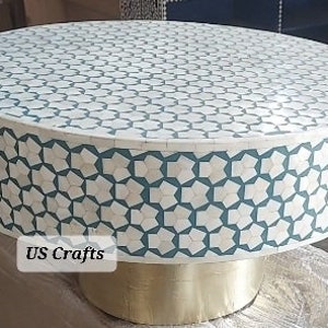 Bone Inlay Targua Design Coffee Table Blue, Bone Inlay Targua Design Center Table, Bone Inlay Round Coffee Table