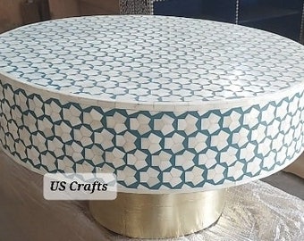 Bone Inlay Targua Design Coffee Table Blue, Bone Inlay Targua Design Center Table, Bone Inlay Round Coffee Table