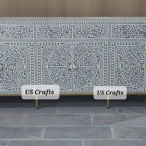 Bone Inlay 3 Drawers and 6 Doors console Cabinet Floral Leaf in Grey, Bone Inlay Cupboard, Bone Inlay Sideboard Grey, Bone Inlay Furniture